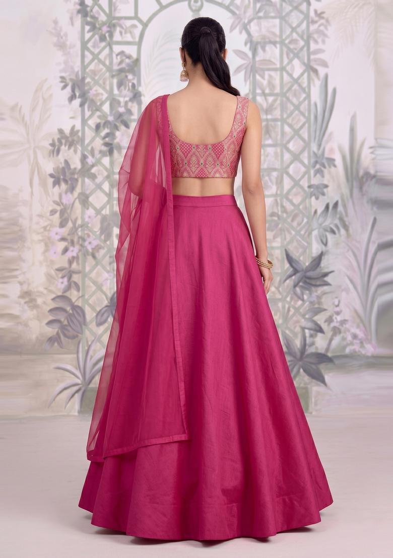 Pink Embroidered Silk Blend Lehenga Set - Indya