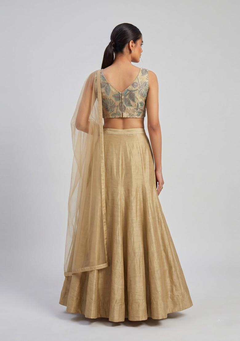 Metallic Gold Embroidered Tissue Lehenga Set - Indya