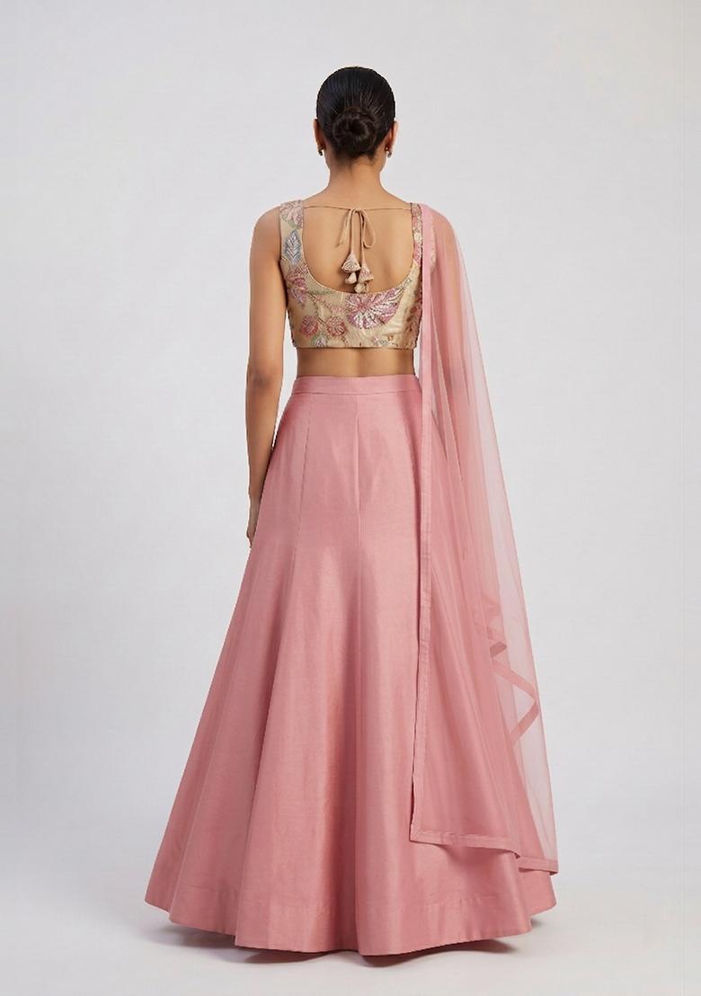Beige Embroidered Tissue Lehenga Set - Indya