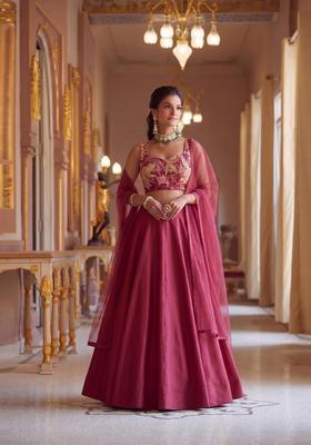 Dark Pink Embroidered Organza Lehenga Set