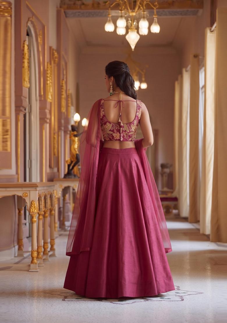 Dark Pink Embroidered Organza Lehenga Set - Indya