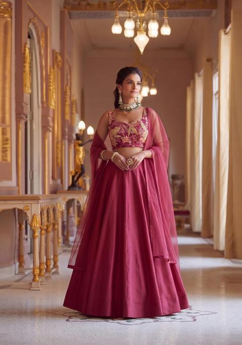Dark Pink Embroidered Organza Lehenga Set