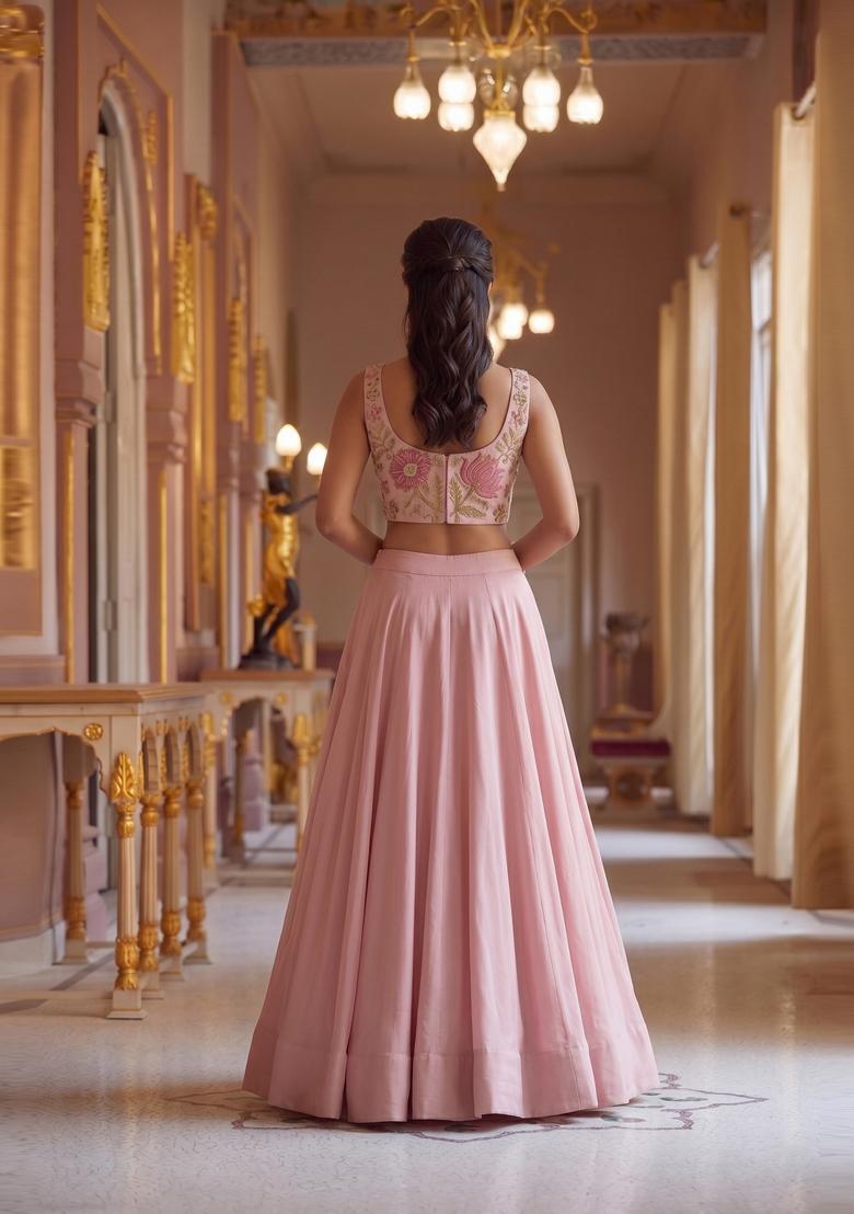 Pastel Pink Embroidered Organza Lehenga Set - Indya