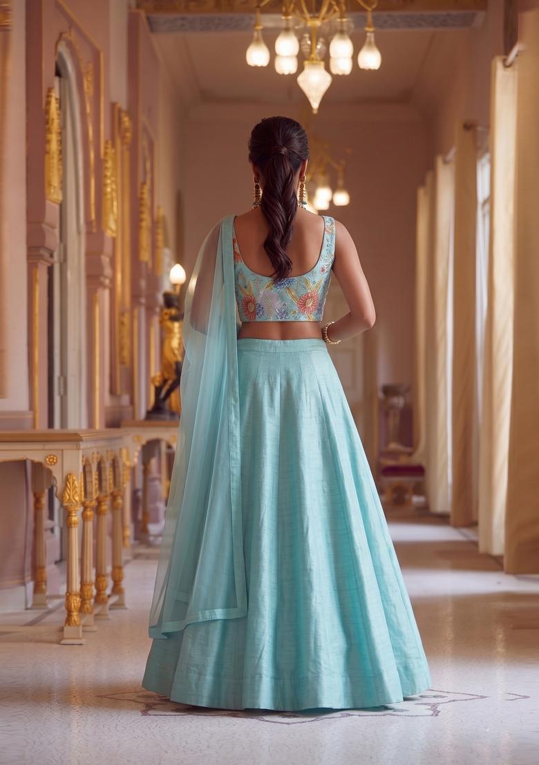 Mint Embroidered Organza Lehenga Set - Indya