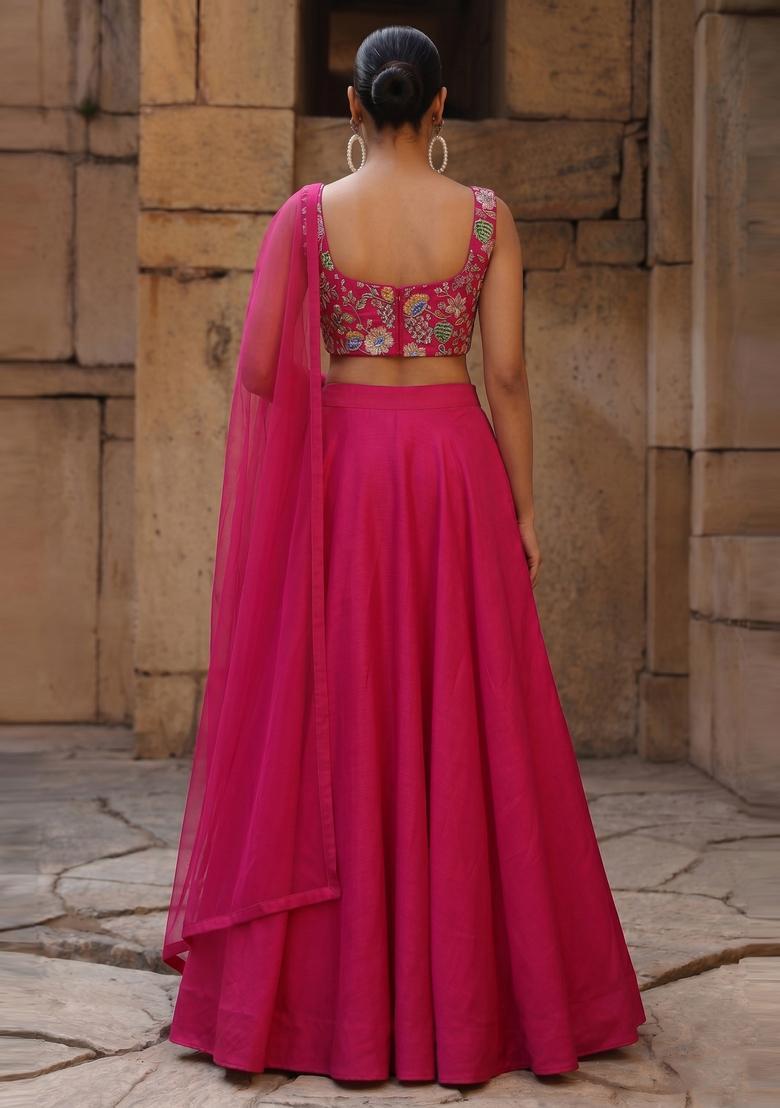 Pink Printed Crepe Lehenga Set - Indya