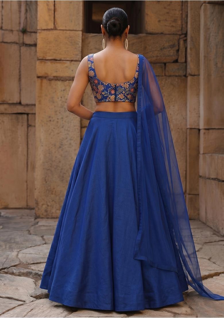 Royal Blue Printed Crepe Lehenga Set - Indya