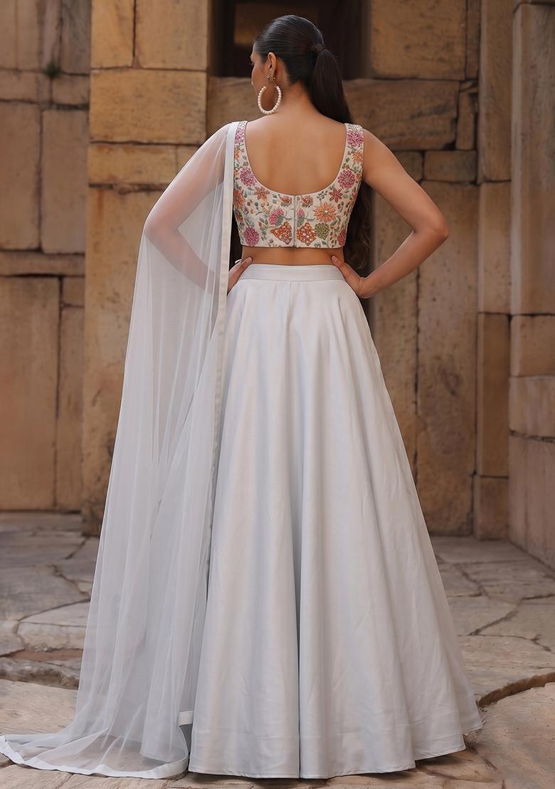Silver Grey Printed Crepe Lehenga Set - Indya