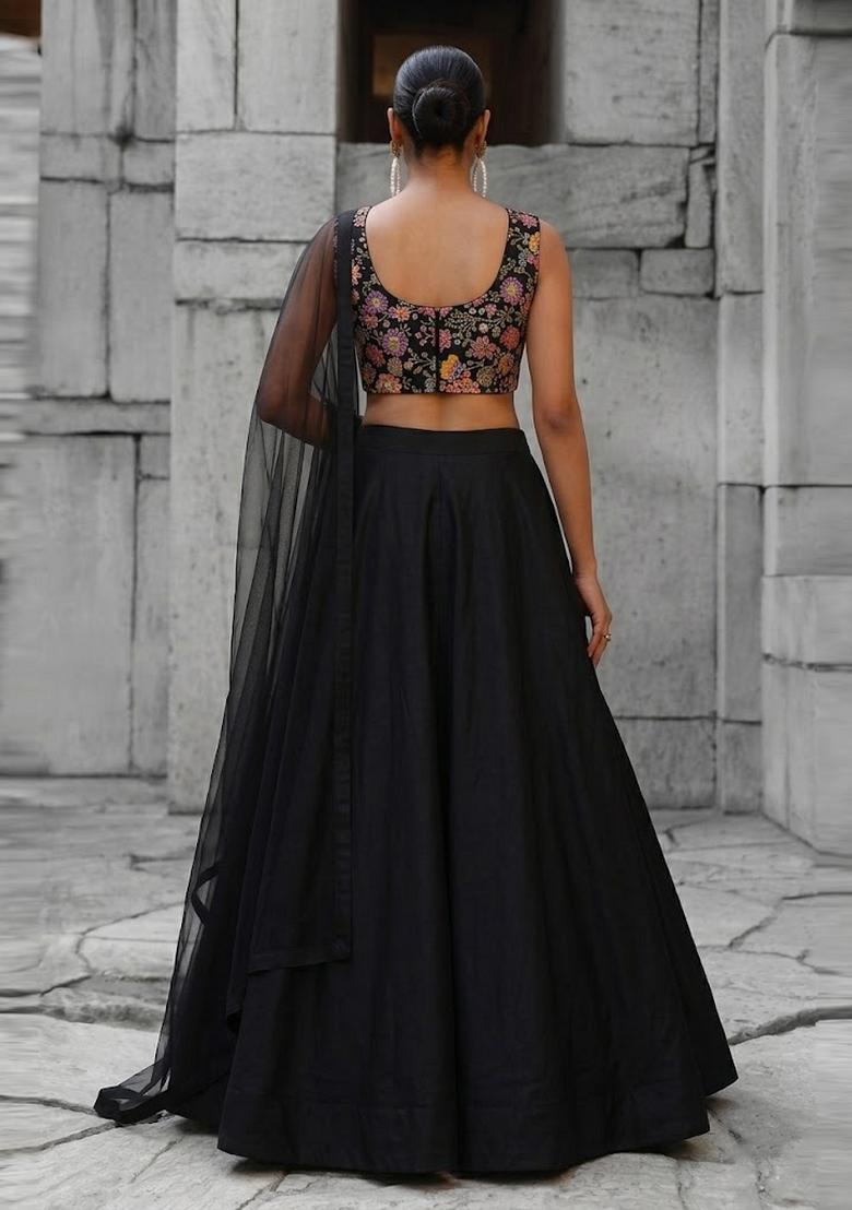Jet Black Printed Crepe Lehenga Set - Indya