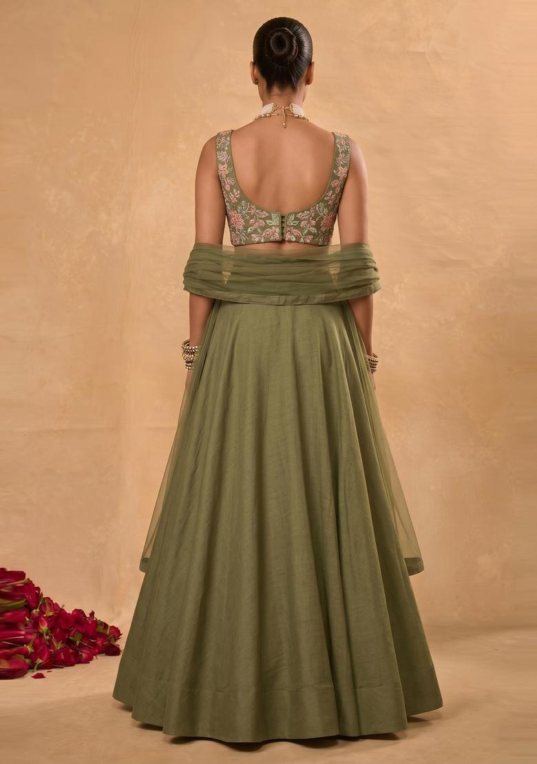 Olive Green Embroidered Crepe Lehenga Set - Indya
