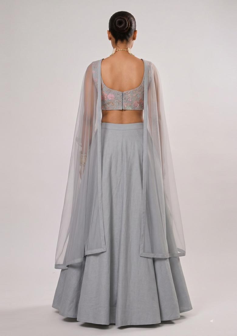 Dove Grey Embroidered Crepe Lehenga Set - Indya
