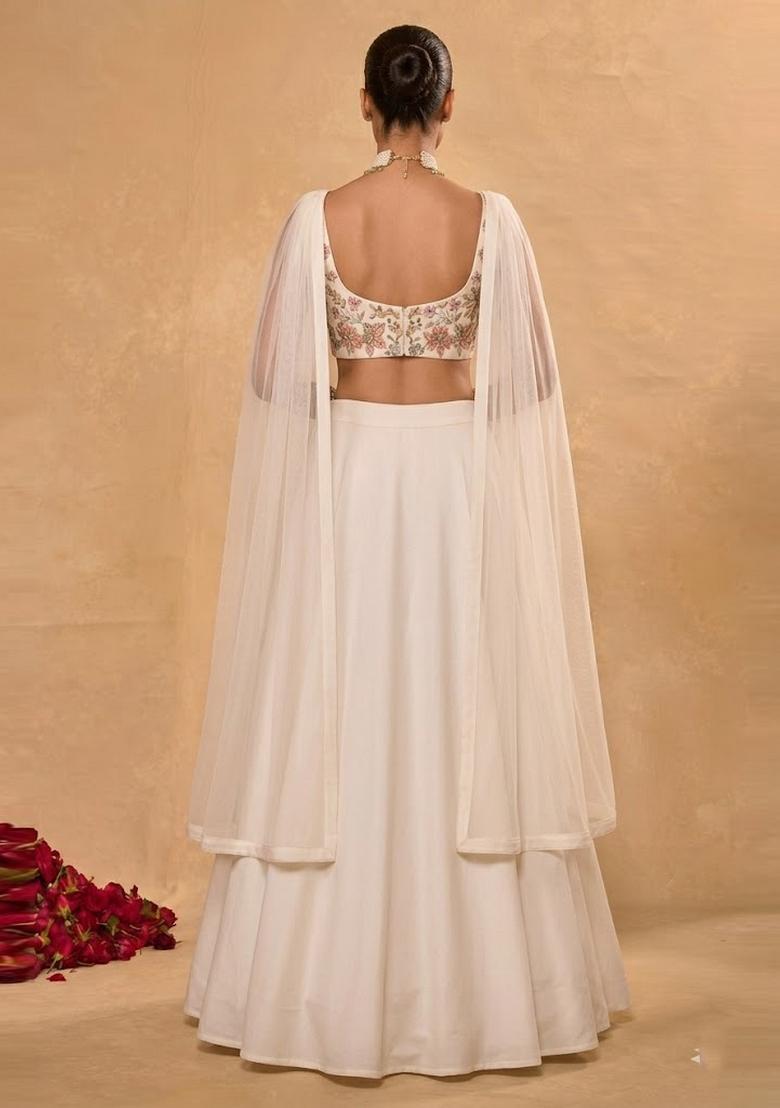 Off White Embroidered Crepe Lehenga Set - Indya