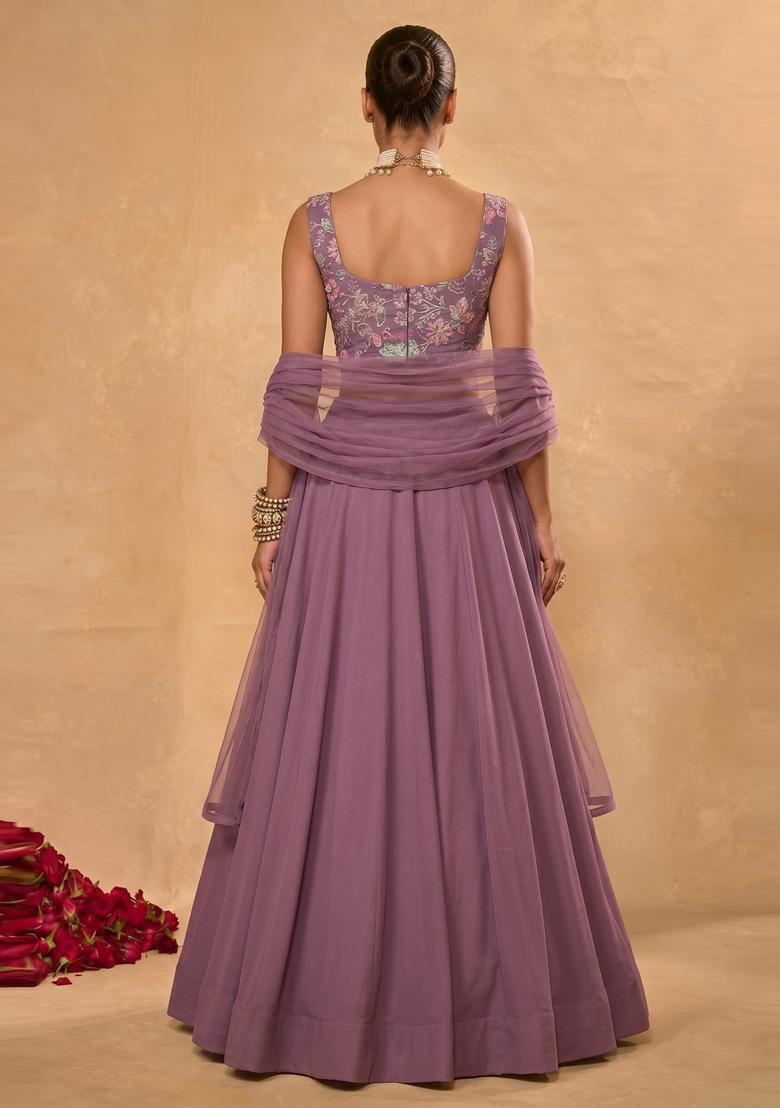 Mauve Embroidered Crepe Lehenga Set - Indya