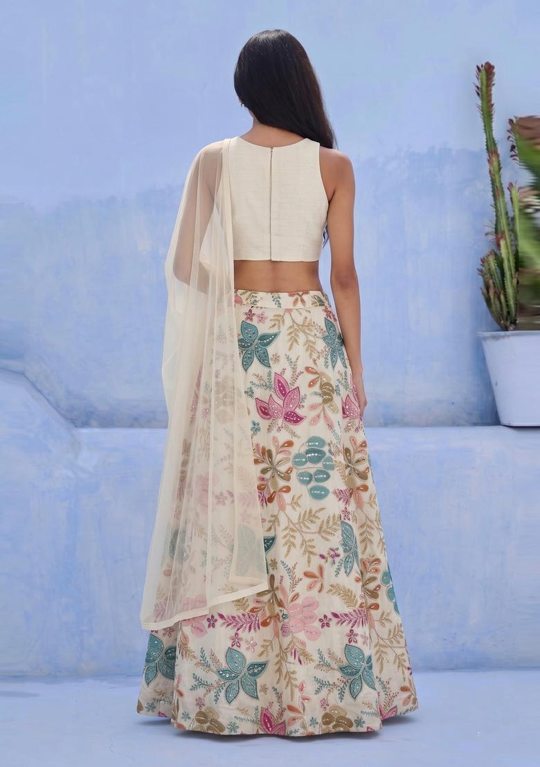Off White Printed Silk Blend Lehenga Set - Indya