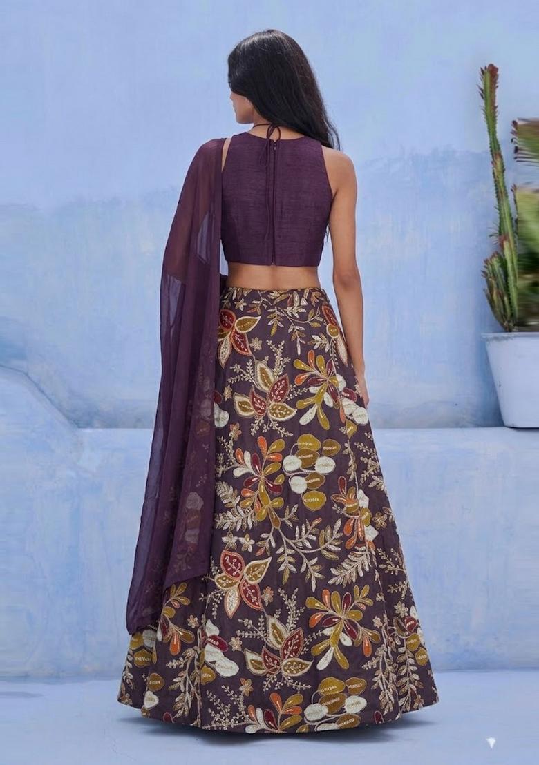 Deep Purple Printed Silk Blend Lehenga Set - Indya
