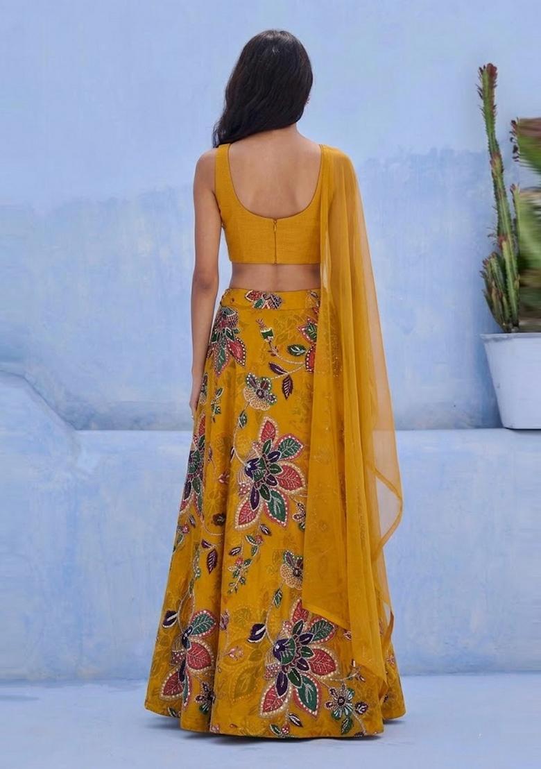 Orange Printed Organza Lehenga Set - Indya