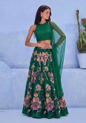 Emerald Green Printed Organza Lehenga Set