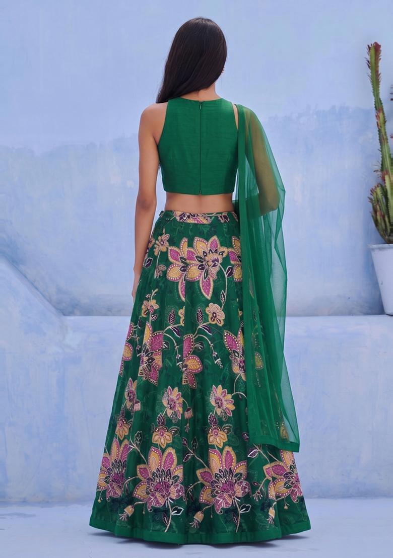Emerald Green Printed Organza Lehenga Set - Indya