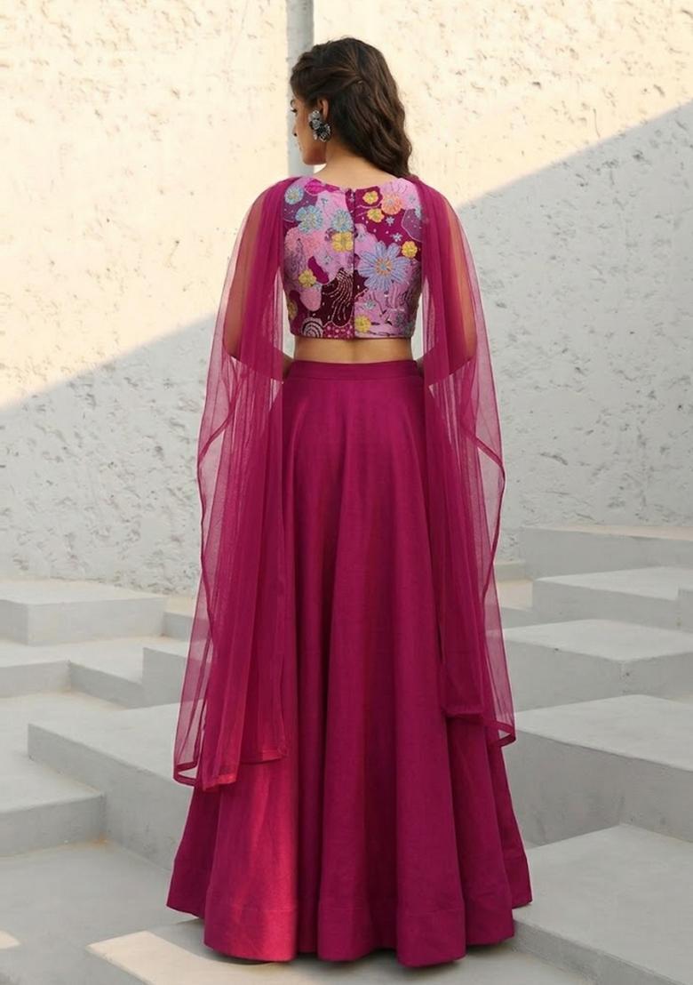 Magenta Printed Crepe Lehenga Set - Indya