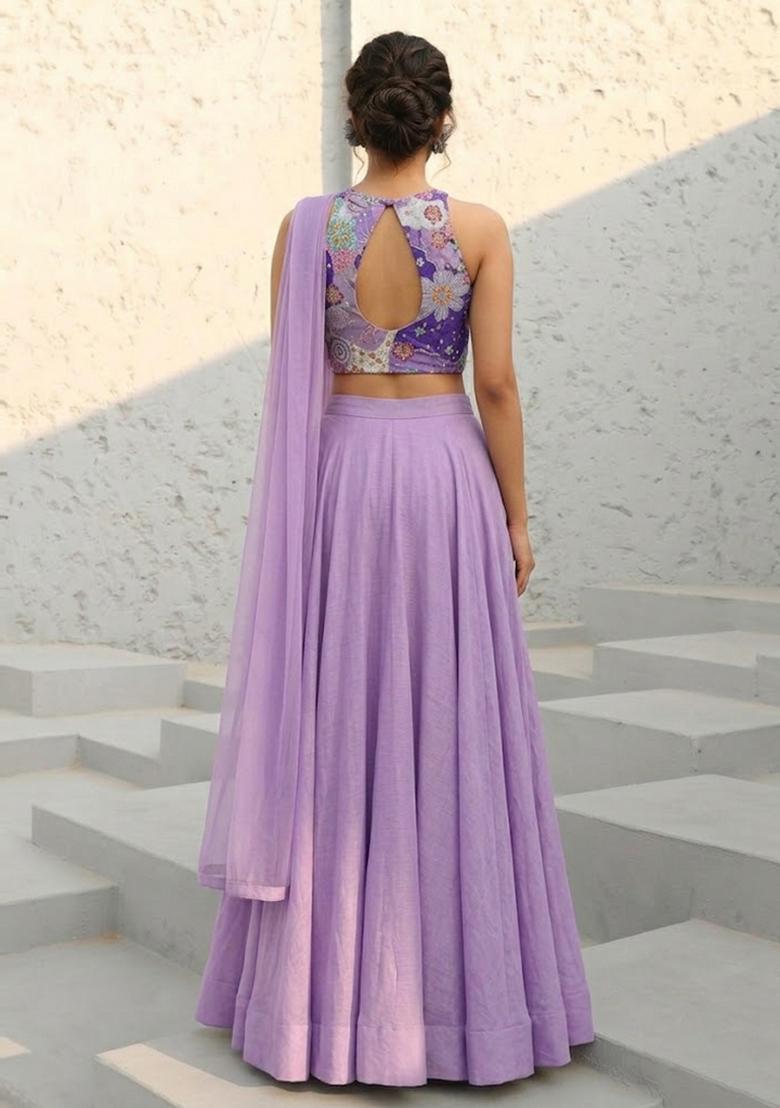 Lavender Printed Crepe Lehenga Set - Indya