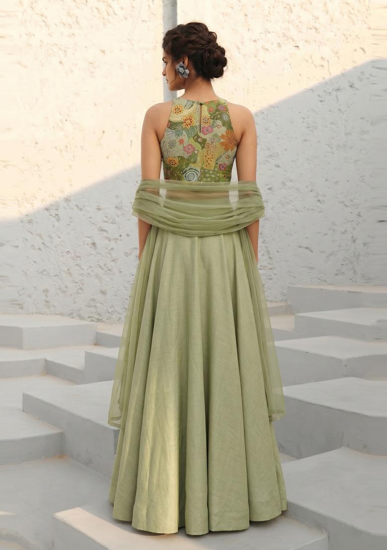 Olive Green Printed Crepe Lehenga Set - Indya