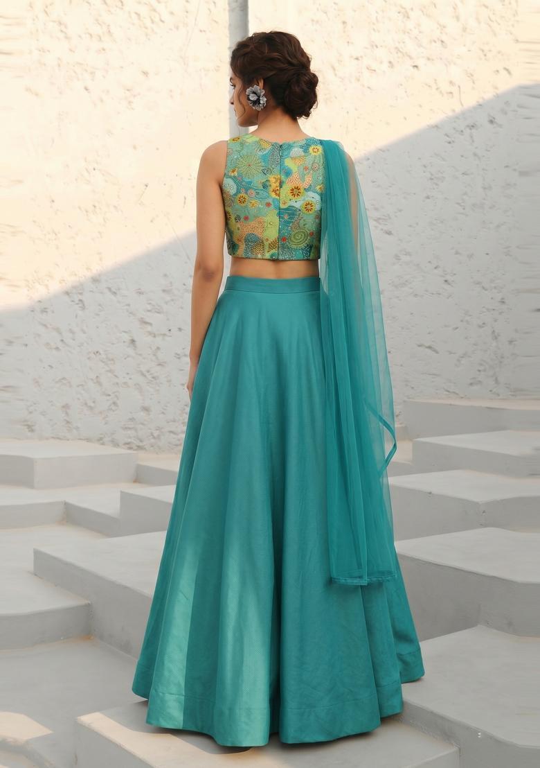 Teal Printed Crepe Lehenga Set - Indya