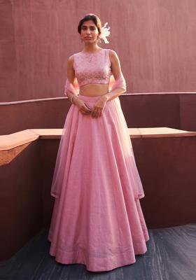 Pink Printed Silk Blend Lehenga Set