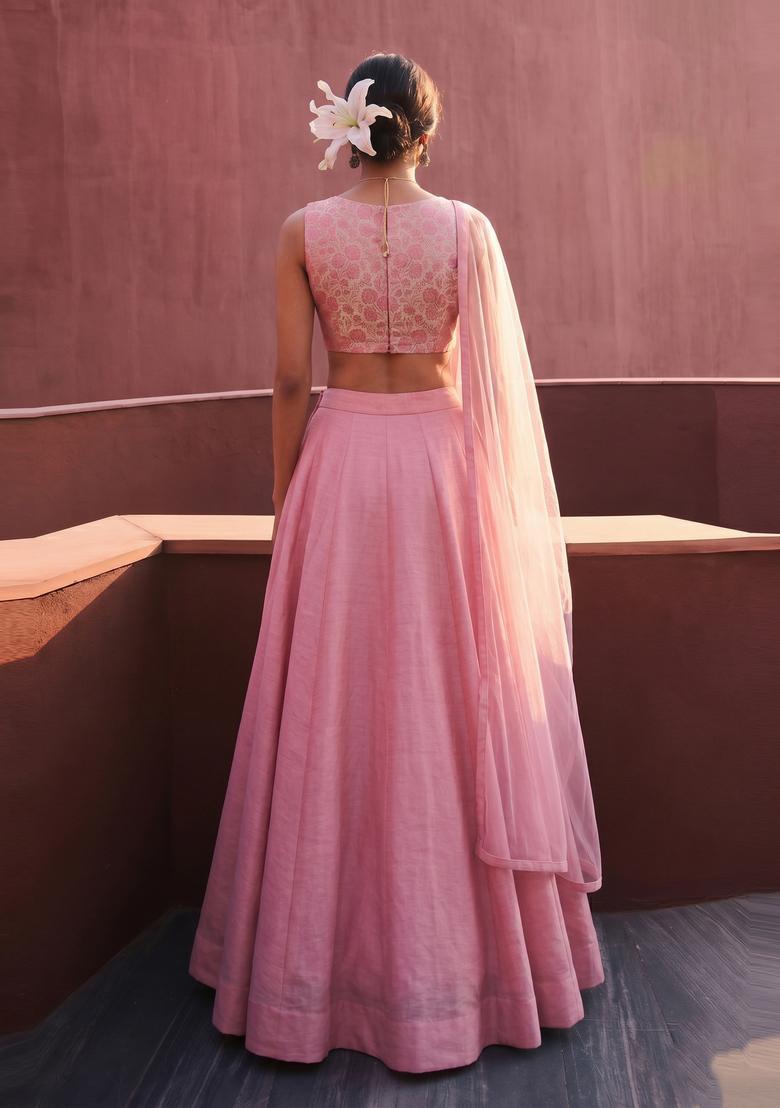 Pink Printed Silk Blend Lehenga Set - Indya