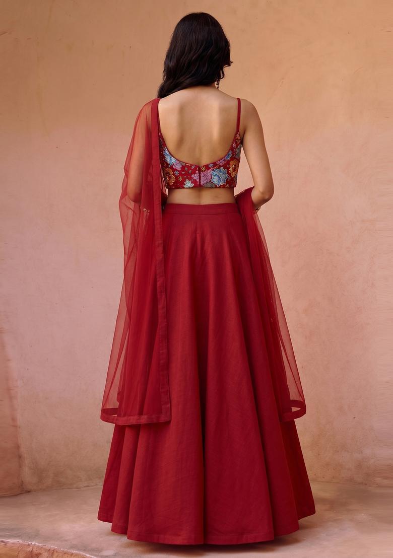 Crimson Red Printed Crepe Lehenga Set - Indya