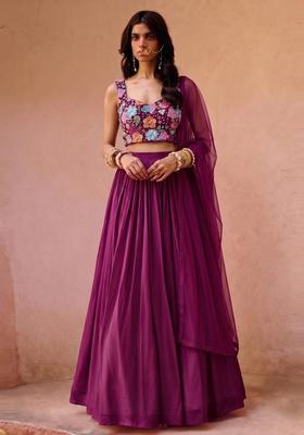 Deep Purple Printed Crepe Lehenga Set