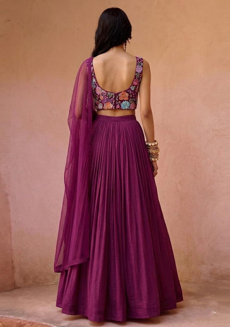 Deep Purple Printed Crepe Lehenga Set - Indya