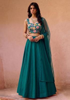 Emerald Green Printed Crepe Lehenga Set