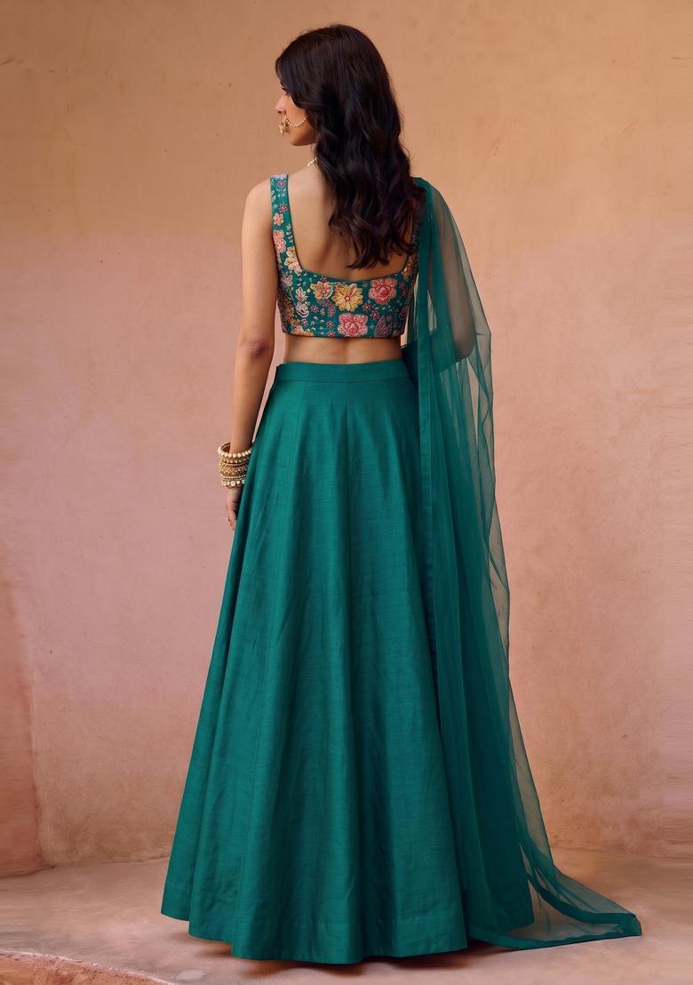 Emerald Green Printed Crepe Lehenga Set - Indya