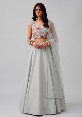 Light Grey Printed Crepe Lehenga Set