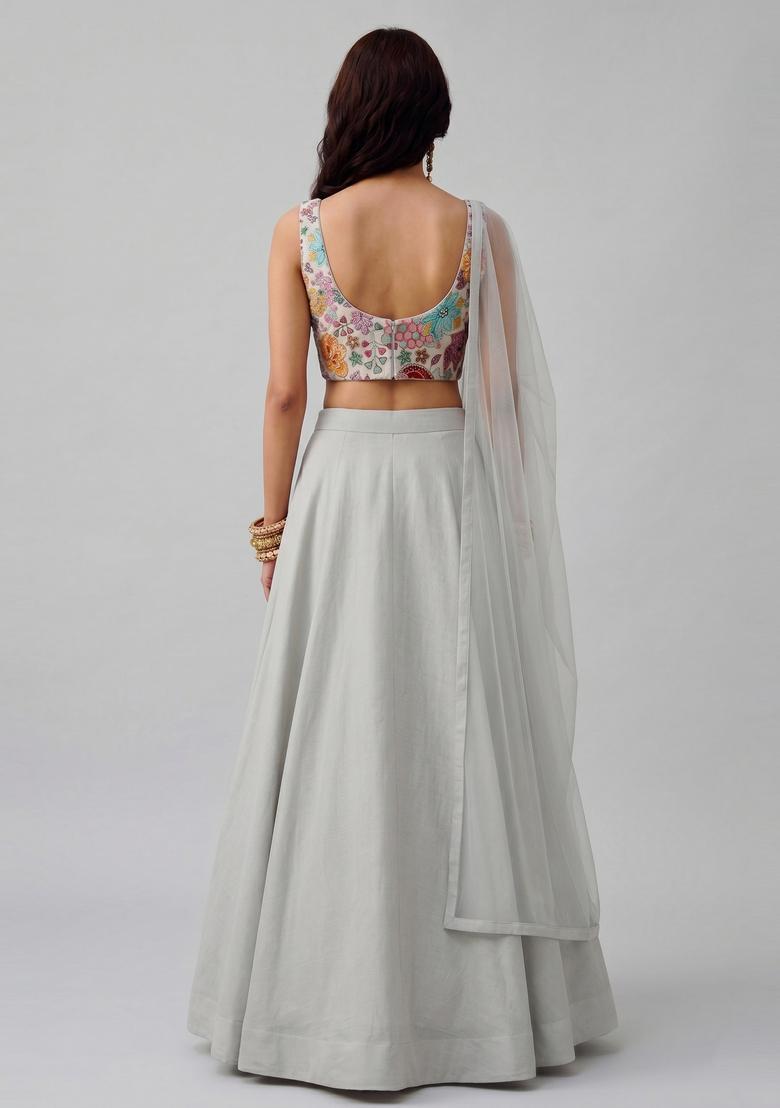 Light Grey Printed Crepe Lehenga Set - Indya
