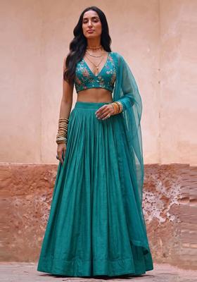 Teal Green Embroidered Crepe Lehenga Set