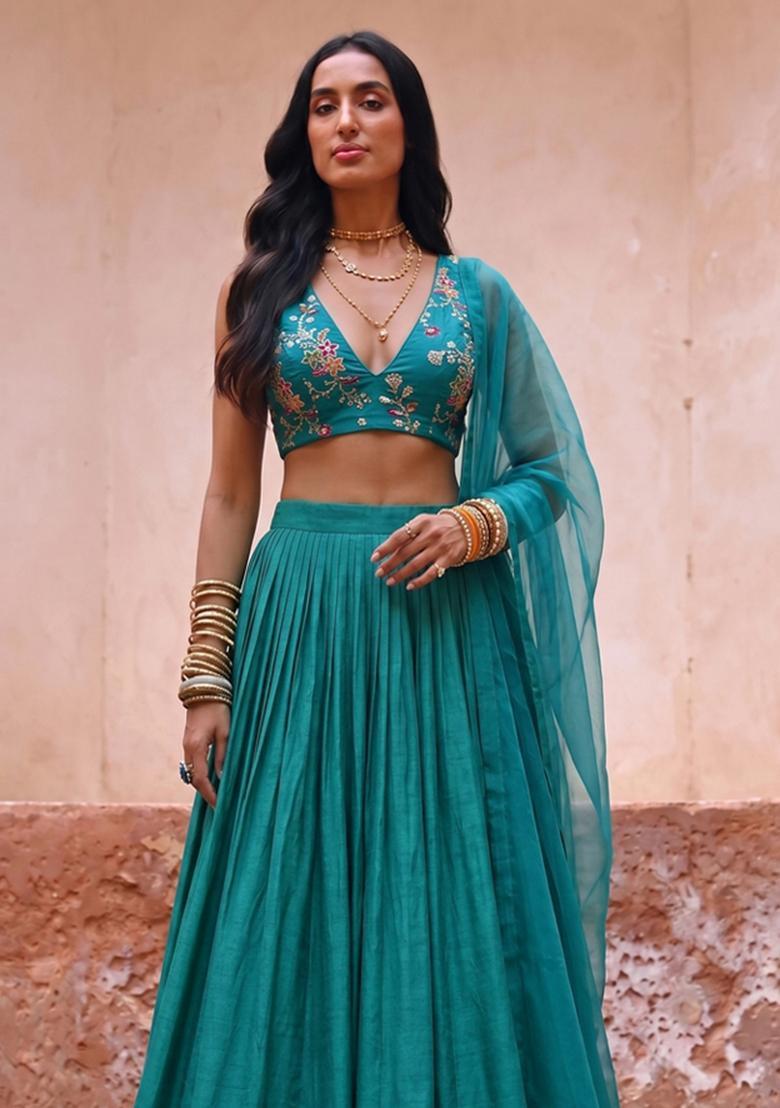 Teal Green Embroidered Crepe Lehenga Set - Indya