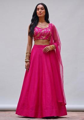 Pink Embroidered Crepe Lehenga Set