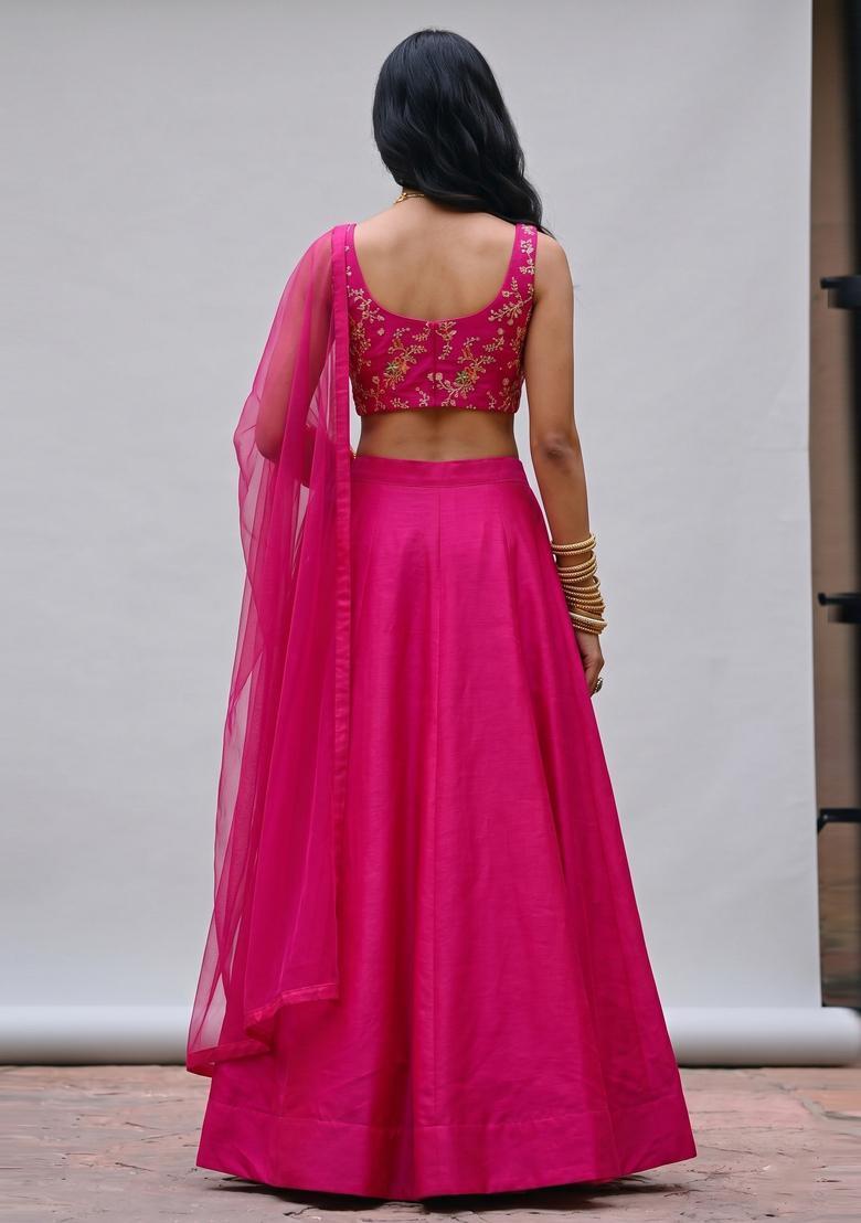 Pink Embroidered Crepe Lehenga Set - Indya