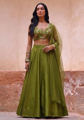 Olive Green Embroidered Crepe Lehenga Set