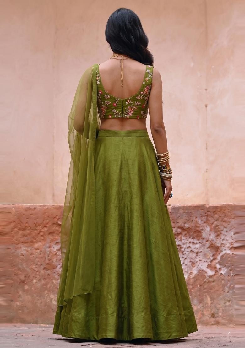Olive Green Embroidered Crepe Lehenga Set - Indya