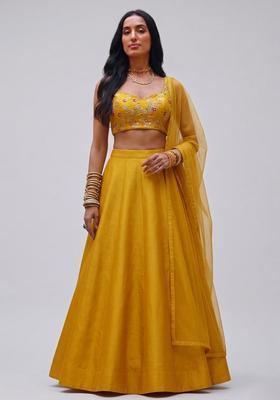 Mustard Yellow Embroidered Crepe Lehenga Set