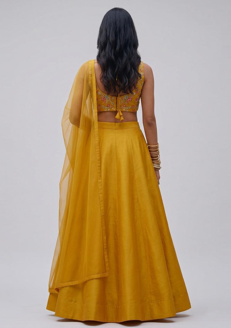 Mustard Yellow Embroidered Crepe Lehenga Set - Indya