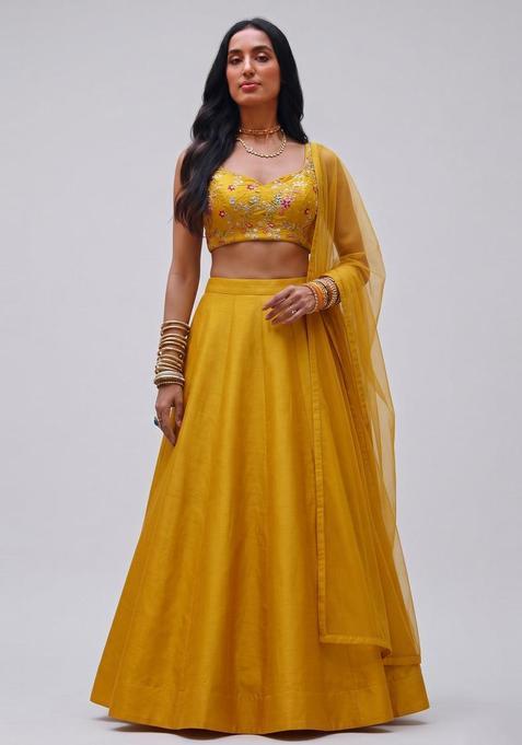 Mustard Yellow Embroidered Crepe Lehenga Set