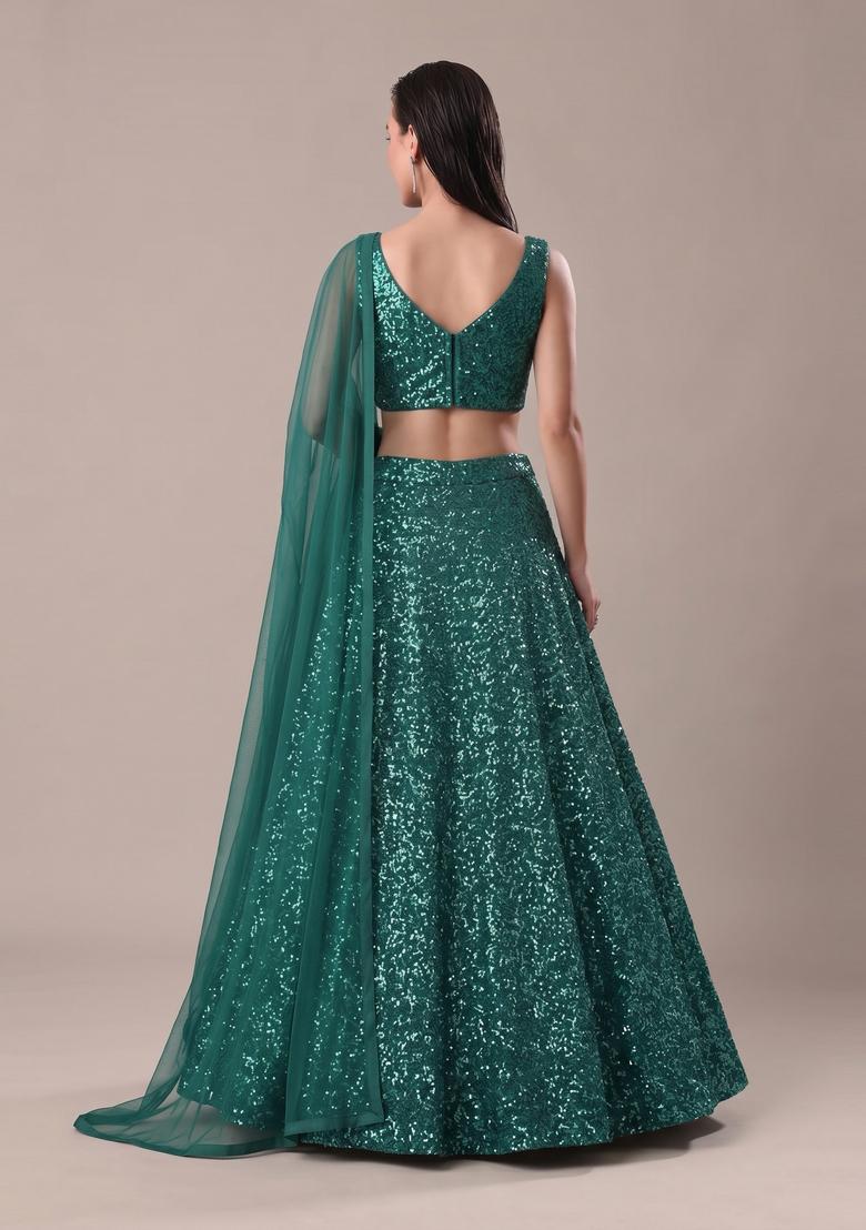 Teal Embroidered Georgette Lehenga Set - Indya