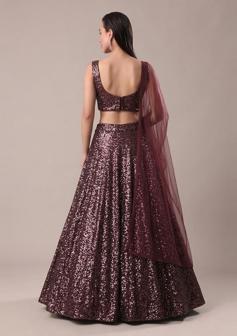 Deep Maroon Sequin Georgette Lehenga Set - Indya