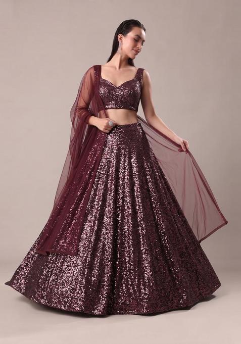 Deep Maroon Sequin Georgette Lehenga Set