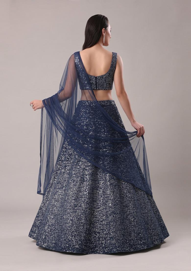Navy Blue Sequin Georgette Lehenga Set - Indya