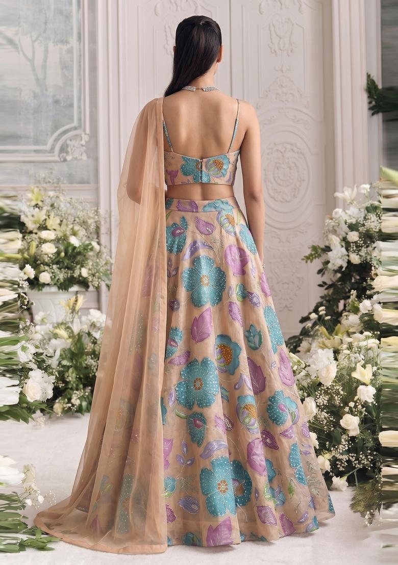 Beige Embroidered Organza Lehenga Set - Indya