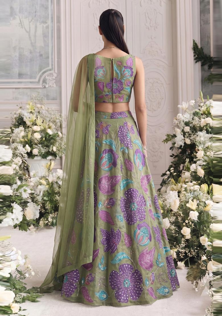 Olive Green Embroidered Organza Lehenga Set - Indya