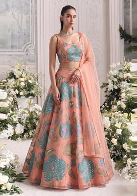 Peach Embroidered Organza Lehenga Set